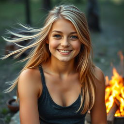 A teenage girl with blonde hair flowing over her shoulders, sitting by a campfire