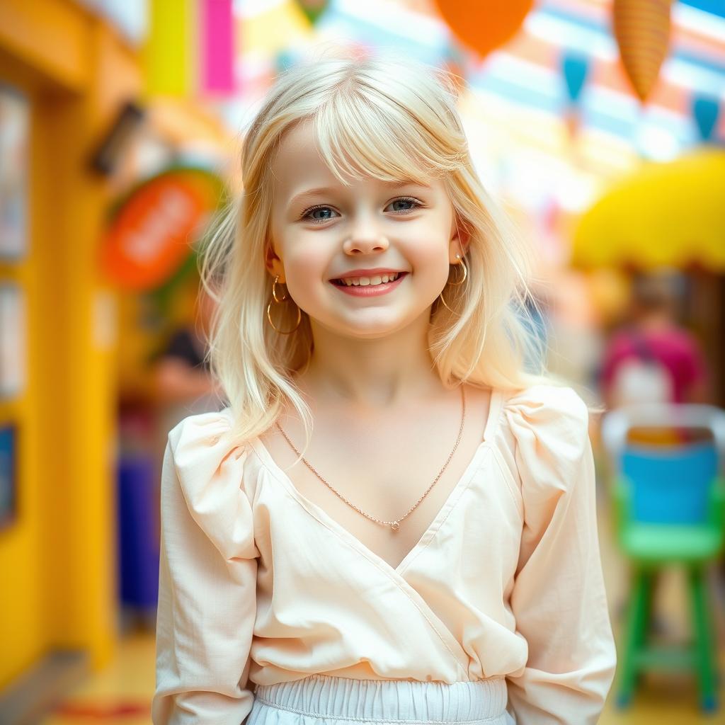 A young white girl with blonde hair, wearing a low-cut blouse and a white skirt