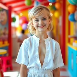 A young white girl with blonde hair, wearing a low-cut blouse and a white skirt