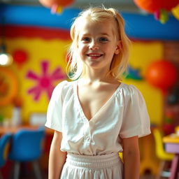 A young white girl with blonde hair, wearing a low-cut blouse and a white skirt