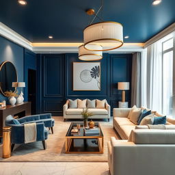 A modern interior decoration featuring a stylish combination of blue, gold, and white tones