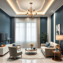 A modern interior decoration featuring a stylish combination of blue, gold, and white tones