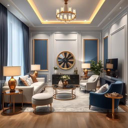 A modern interior decoration featuring a stylish combination of blue, gold, and white tones