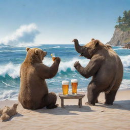 A bear and an elephant enjoying a beer by the seaside on a sunny day with waves gently crashing nearby.