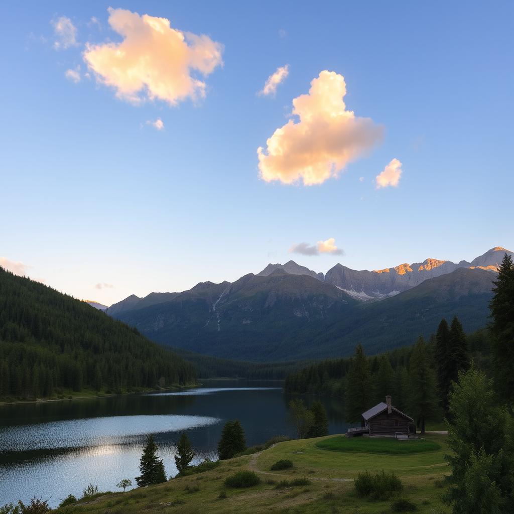 A beautiful landscape featuring a serene lake surrounded by lush green forests and majestic mountains in the background