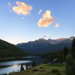 A beautiful landscape featuring a serene lake surrounded by lush green forests and majestic mountains in the background