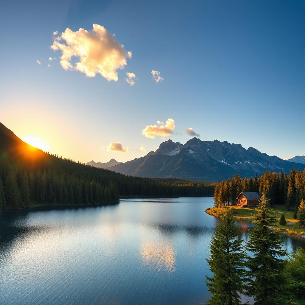 A beautiful landscape featuring a serene lake surrounded by lush green forests and majestic mountains in the background