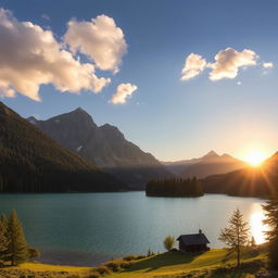 A beautiful landscape featuring a serene lake surrounded by lush green forests and majestic mountains in the background