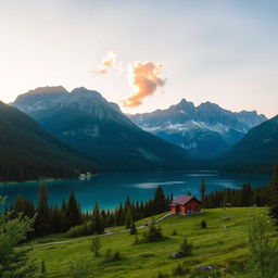 A beautiful landscape featuring a serene lake surrounded by lush green forests and majestic mountains in the background