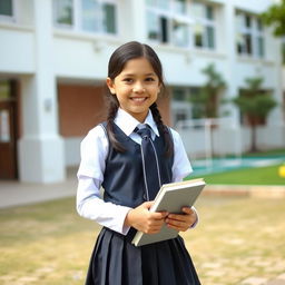 A cheerful schoolgirl wearing a classic school uniform with a pleated skirt, white blouse, and tie