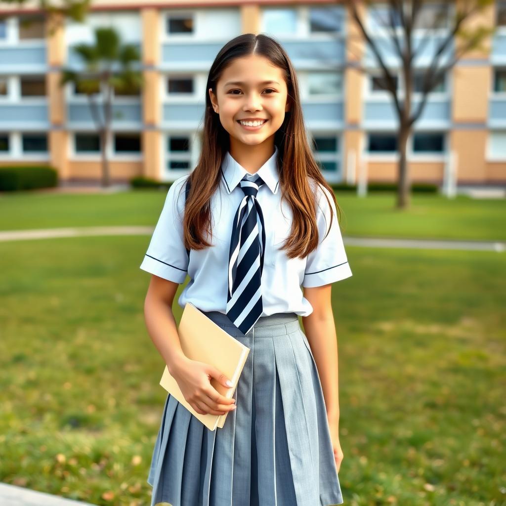 A cheerful schoolgirl wearing a classic school uniform with a pleated skirt, white blouse, and tie