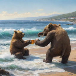 A bear and an elephant enjoying a beer by the seaside on a sunny day with waves gently crashing nearby.