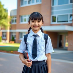 A cheerful schoolgirl wearing a classic school uniform with a pleated skirt, white blouse, and tie