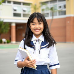 A cheerful schoolgirl wearing a classic school uniform with a pleated skirt, white blouse, and tie