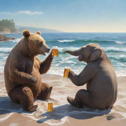 A bear and an elephant enjoying a beer by the seaside on a sunny day with waves gently crashing nearby.