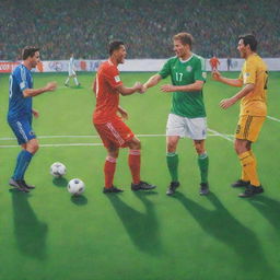 Soccer players engaging in a heated argument during a match on a vivid green pitch under bright stadium lights, reimagined as a vivid colored pencil drawing