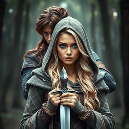 A beautiful blonde woman dressed as a hooded warrior, holding a dagger and looking straight ahead