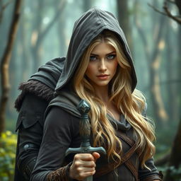 A beautiful blonde woman dressed as a hooded warrior, holding a dagger and looking straight ahead