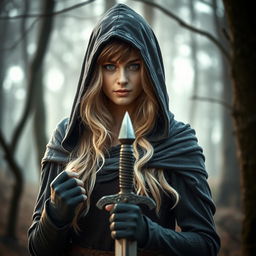 A beautiful blonde woman dressed as a hooded warrior, holding a dagger and looking straight ahead