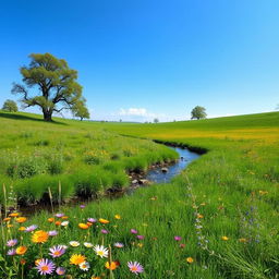 A serene landscape featuring a lush green meadow with colorful wildflowers, a clear blue sky, and a gentle stream flowing through the scene