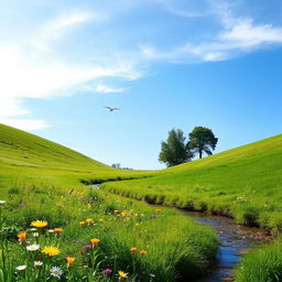 A serene landscape featuring a lush green meadow with colorful wildflowers, a clear blue sky, and a gentle stream flowing through the scene