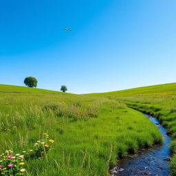 A serene landscape featuring a lush green meadow with colorful wildflowers, a clear blue sky, and a gentle stream flowing through the scene