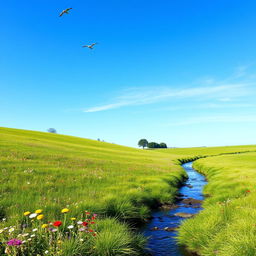 A serene landscape featuring a lush green meadow with colorful wildflowers, a clear blue sky, and a gentle stream flowing through the scene