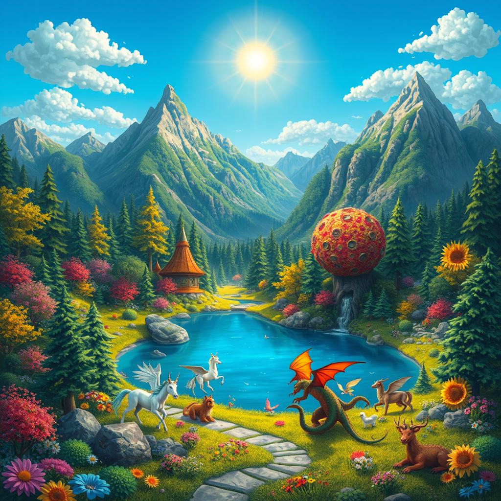 Create a detailed and imaginative scene of a vibrant fantasy world with lush forests, majestic mountains, and a serene lake