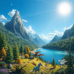 Create a detailed and imaginative scene of a vibrant fantasy world with lush forests, majestic mountains, and a serene lake