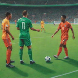 Soccer players engaging in a heated argument during a match on a vivid green pitch under bright stadium lights, reimagined as a vivid colored pencil drawing