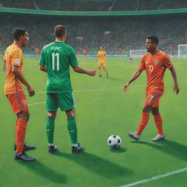 Soccer players engaging in a heated argument during a match on a vivid green pitch under bright stadium lights, reimagined as a vivid colored pencil drawing