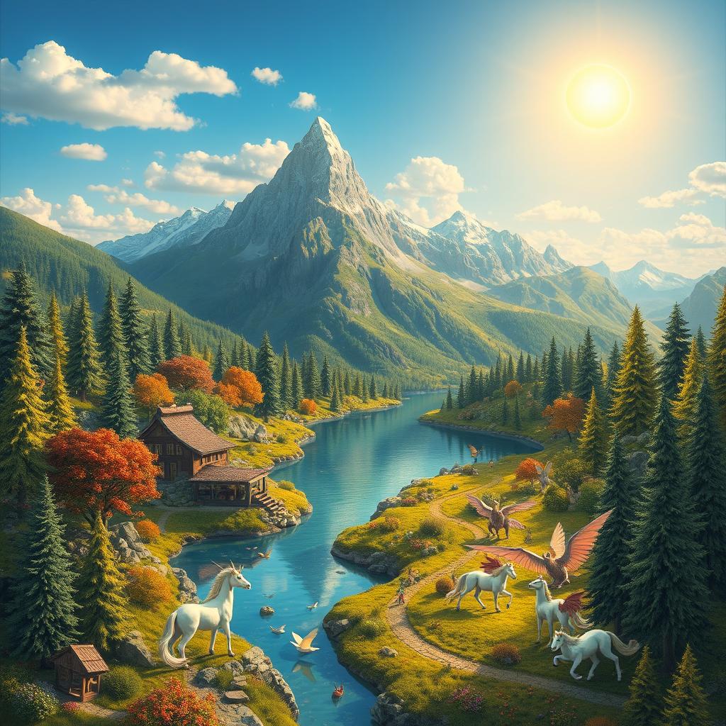 Create a detailed and imaginative scene of a vibrant fantasy world with lush forests, majestic mountains, and a serene lake