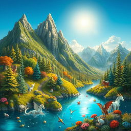 Create a detailed and imaginative scene of a vibrant fantasy world with lush forests, majestic mountains, and a serene lake