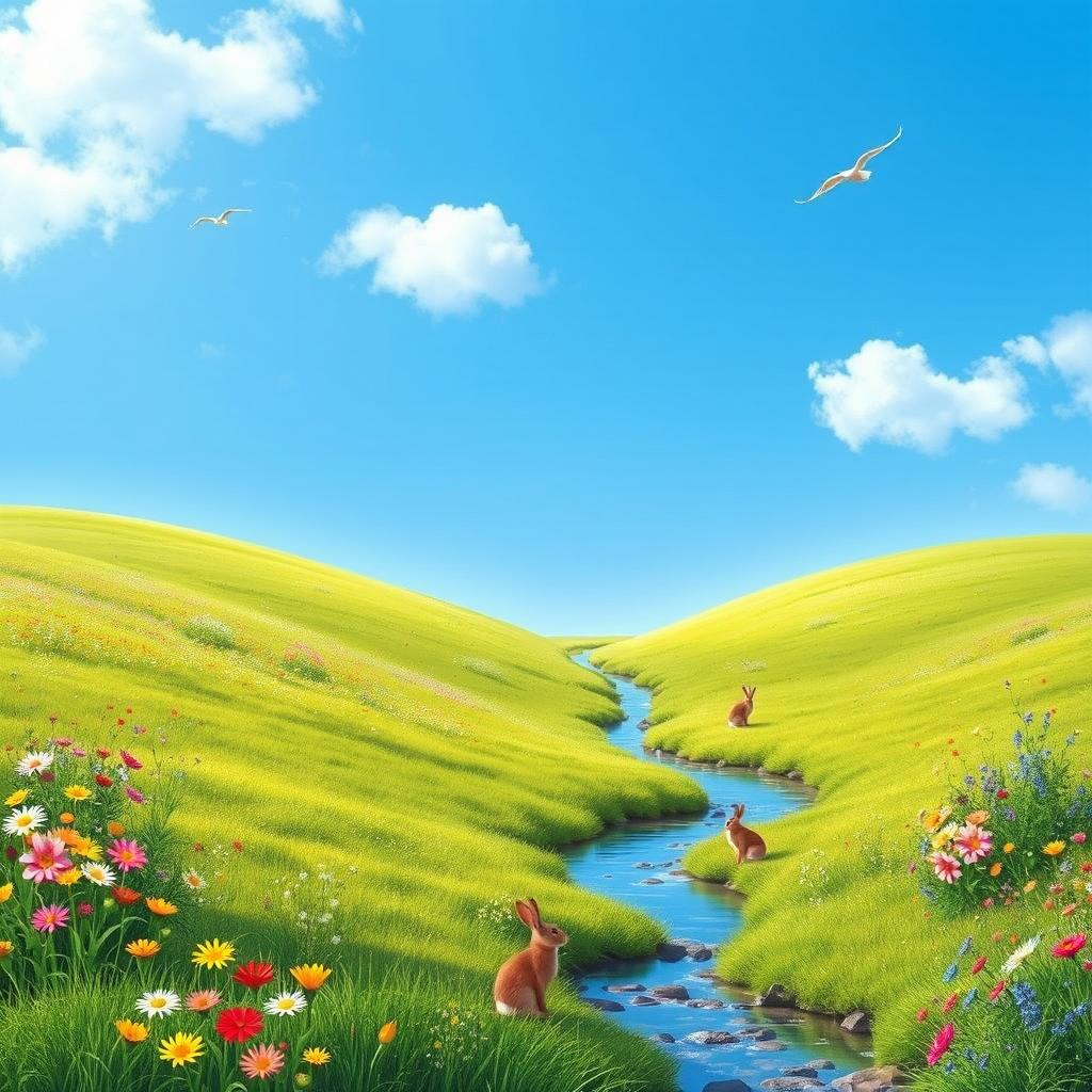 A serene landscape featuring a lush green meadow with colorful wildflowers, a clear blue sky, and a gentle stream flowing through the middle