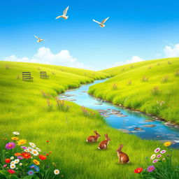 A serene landscape featuring a lush green meadow with colorful wildflowers, a clear blue sky, and a gentle stream flowing through the middle