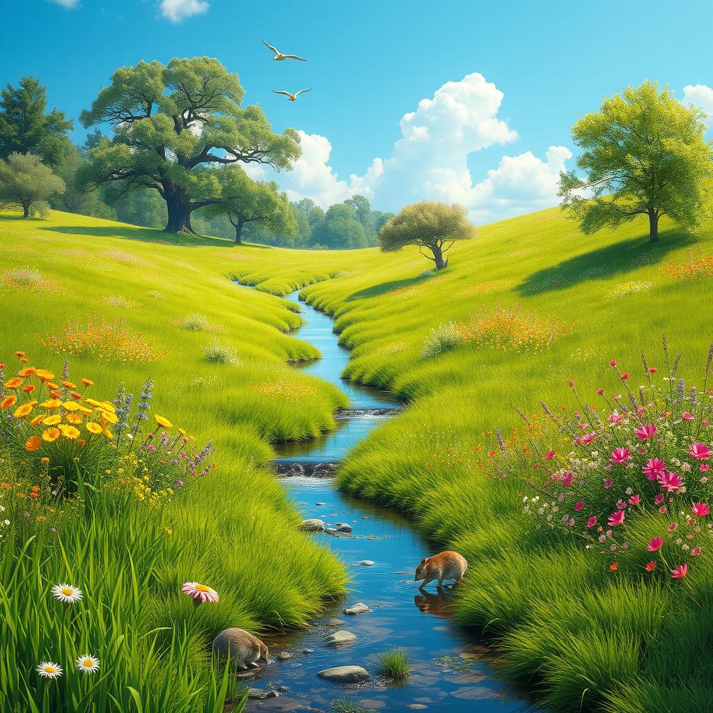 A serene landscape featuring a lush green meadow with colorful wildflowers, a clear blue sky, and a gentle stream flowing through the middle