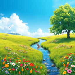 A serene landscape featuring a lush green meadow with colorful wildflowers, a clear blue sky, and a gentle stream flowing through the middle