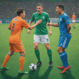 Soccer players engaging in a heated argument during a match on a vivid green pitch under bright stadium lights, reimagined as a vivid colored pencil drawing