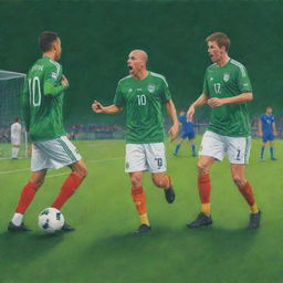 Soccer players engaging in a heated argument during a match on a vivid green pitch under bright stadium lights, reimagined as a vivid colored pencil drawing