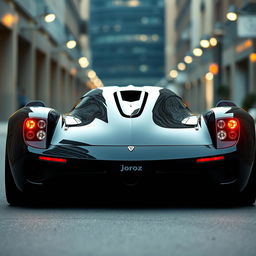 A hypercar named Joroz, 2004 version, in black (noire), viewed from the rear