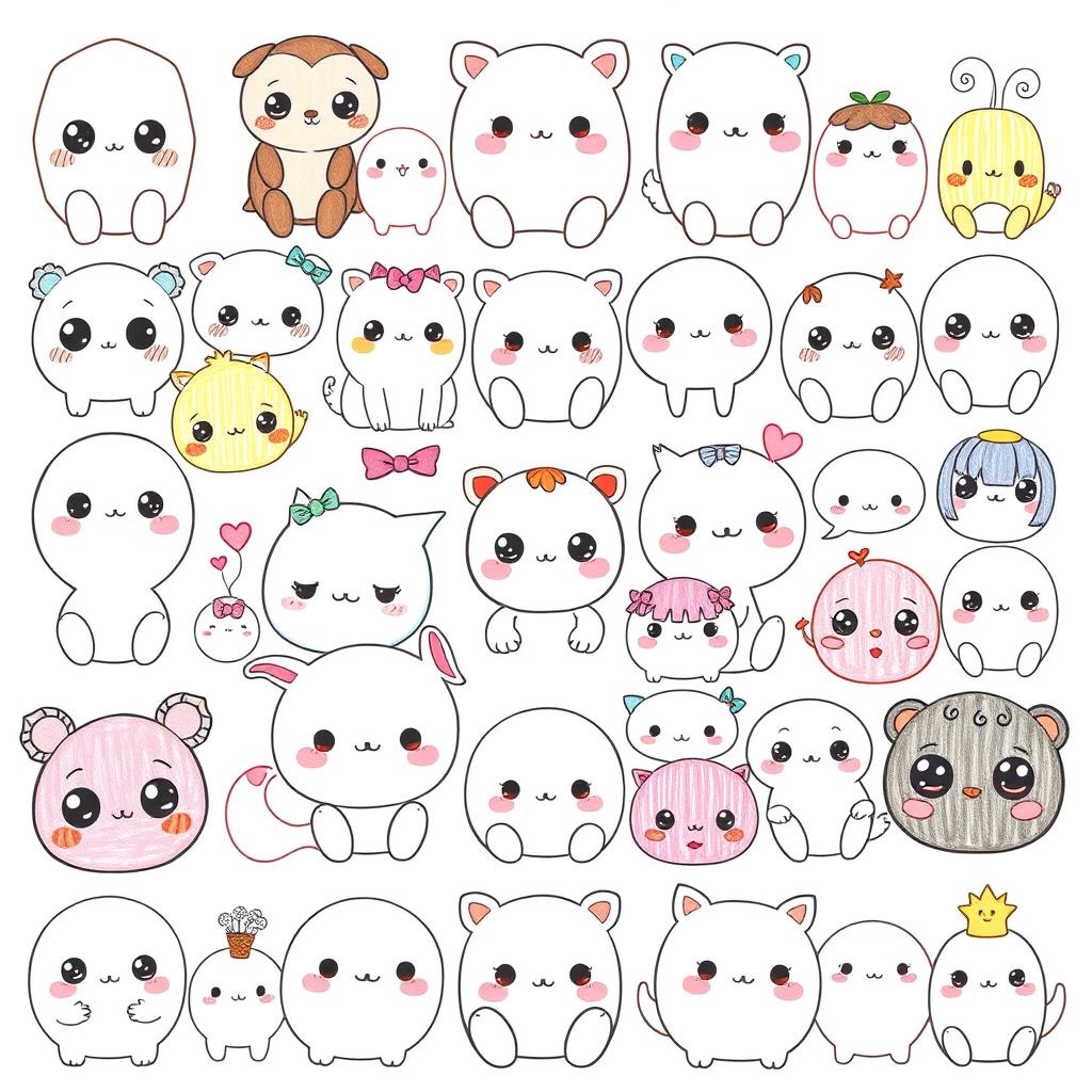 A collection of many kawaii drawings featuring cute and adorable characters, animals, and objects with big eyes, rounded shapes, and pastel colors