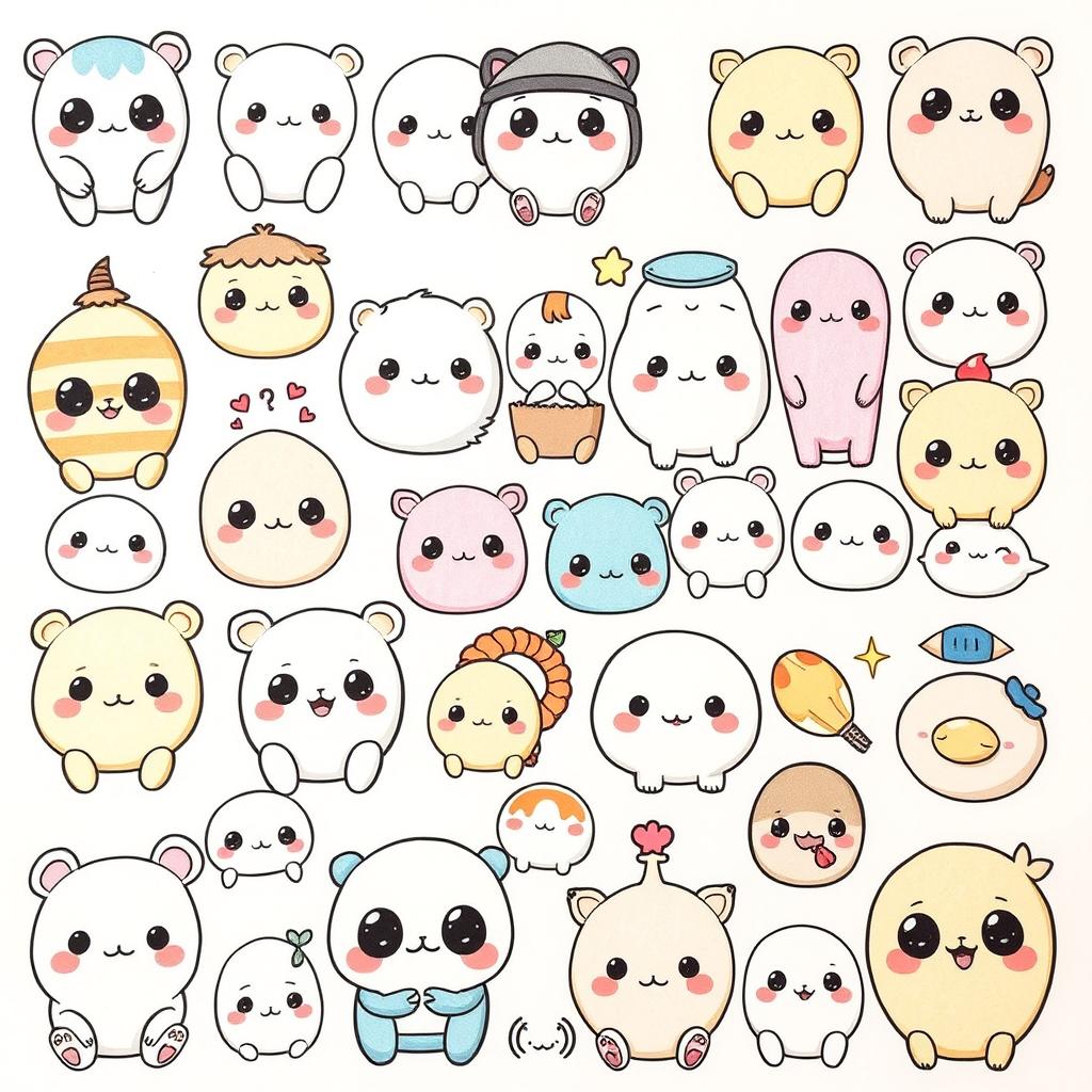 A collection of many kawaii drawings featuring cute and adorable characters, animals, and objects with big eyes, rounded shapes, and pastel colors