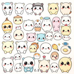 A collection of many kawaii drawings featuring cute and adorable characters, animals, and objects with big eyes, rounded shapes, and pastel colors