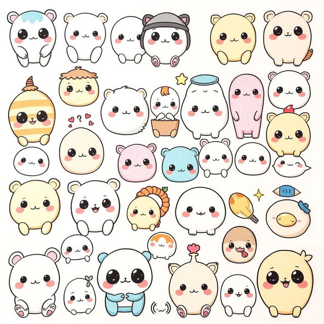 A collection of many kawaii drawings featuring cute and adorable characters, animals, and objects with big eyes, rounded shapes, and pastel colors