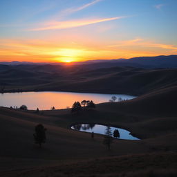 A beautiful landscape with rolling hills, a clear blue sky, and a vibrant sunset