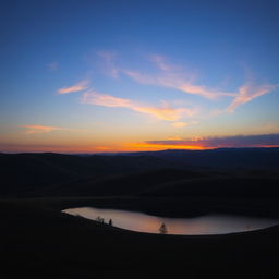 A beautiful landscape with rolling hills, a clear blue sky, and a vibrant sunset