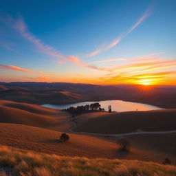 A beautiful landscape with rolling hills, a clear blue sky, and a vibrant sunset