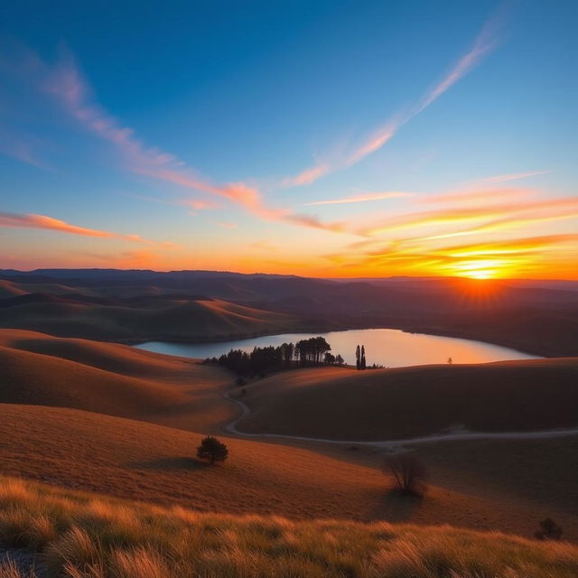 A beautiful landscape with rolling hills, a clear blue sky, and a vibrant sunset