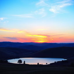 A beautiful landscape with rolling hills, a clear blue sky, and a vibrant sunset