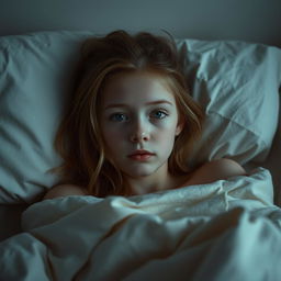 A pale, innocent-looking 25-year-old girl lying in bed, partially covered with blankets